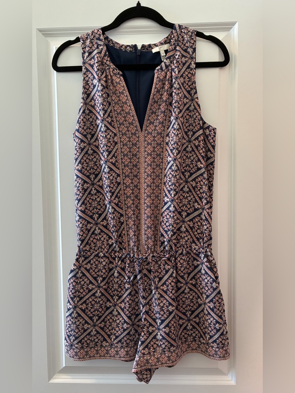 Joie Navy and Blush Printed Sleeveless Silk Romper